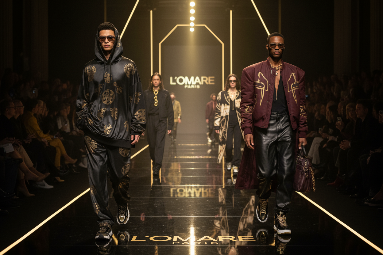**AI Image Generation Prompt for L'OMARE PARIS (Louis Vuitton Inspired Streetwear Fashion Show Banner)**

Create a **landscape luxury fashion banner** for the homepage of **L'OMARE PARIS**, inspired by the iconic Louis Vuitton fashion show aesthetic, but featuring a modern streetwear twist.

**Prompt:**
A cinematic, high-fashion runway scene for *L'OMARE PARIS*, styled with premium **streetwear fashion**. The composition is wide (landscape, 16:9 ratio), perfect for a Shopify homepage hero banner. Capture th